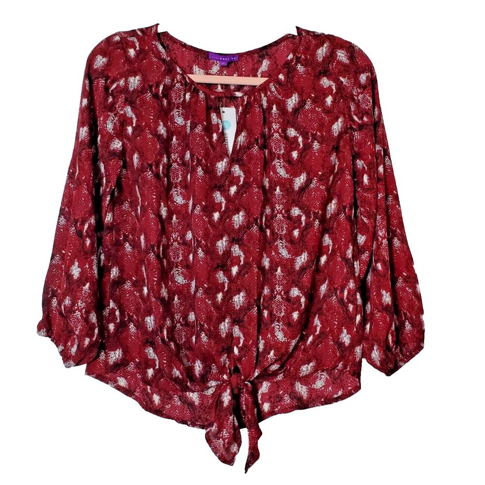 West Kei Stitch Fix Veronica Burgundy Snake Print Tie Front Top XS New Key Hole
